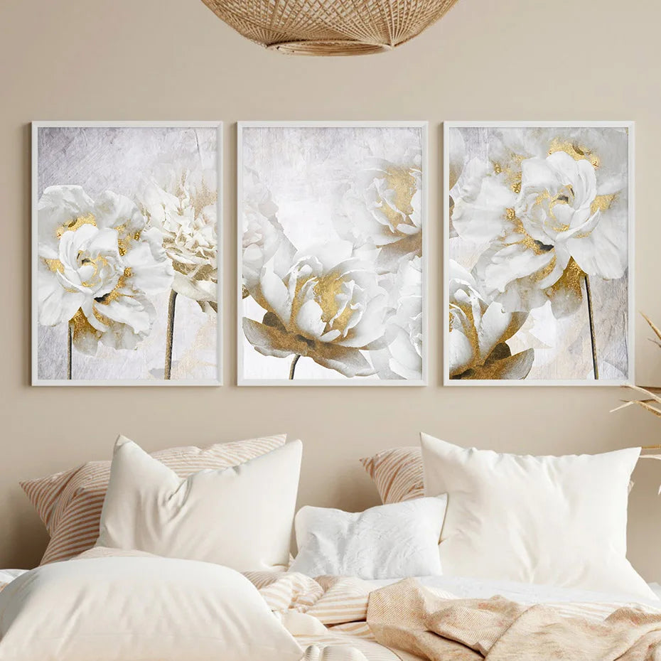 Abstract Gold White Blooming Floral Wall Canvas