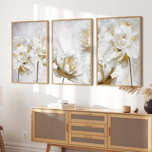 Abstract Gold White Blooming Floral Wall Canvas