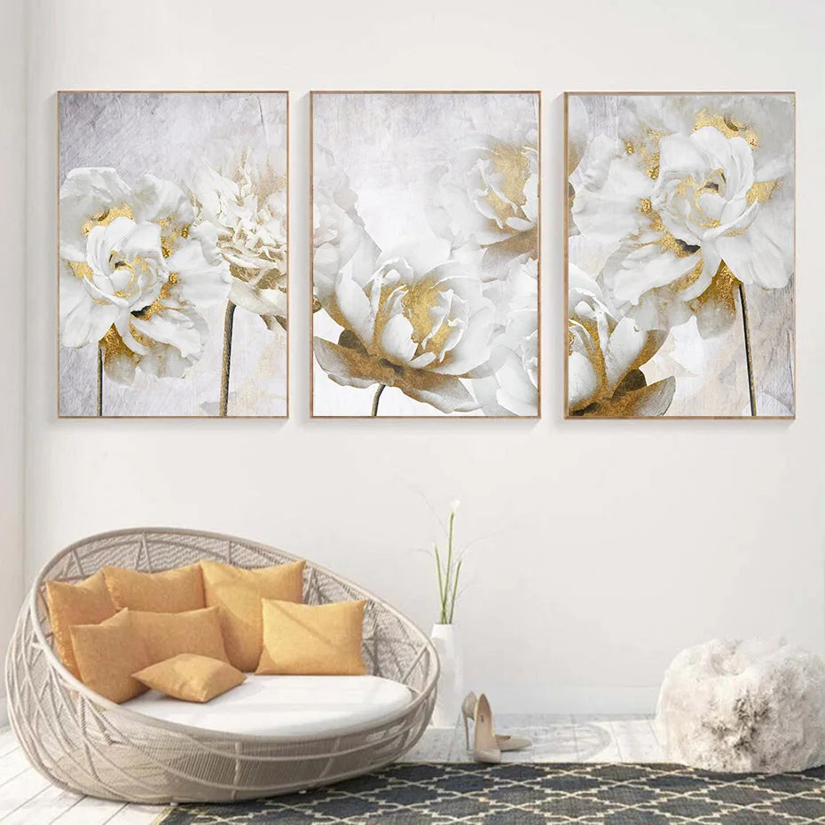 Abstract Gold White Blooming Floral Wall Canvas