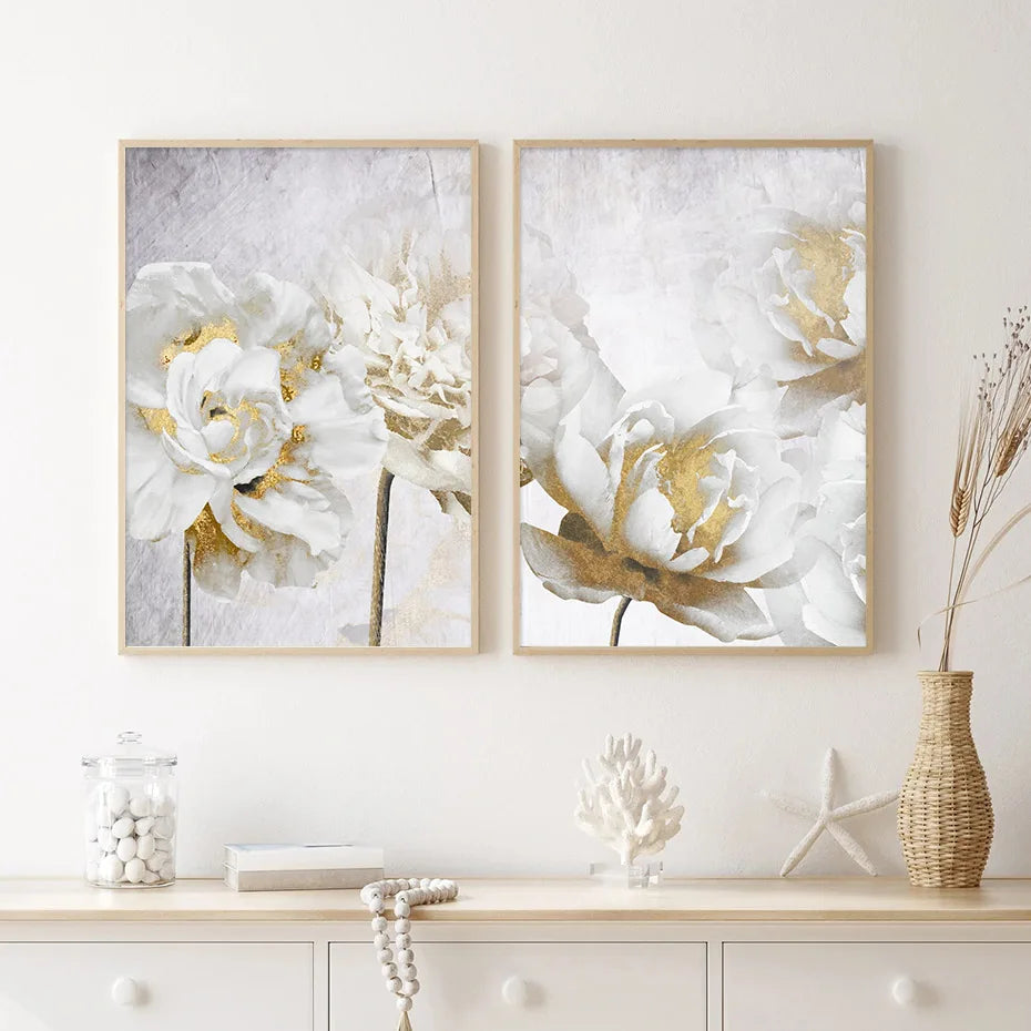 Abstract Gold White Blooming Floral Wall Canvas