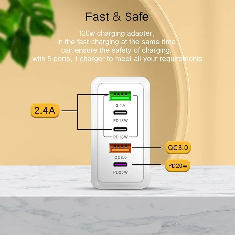 120W Fast Charger with 5 USB Ports