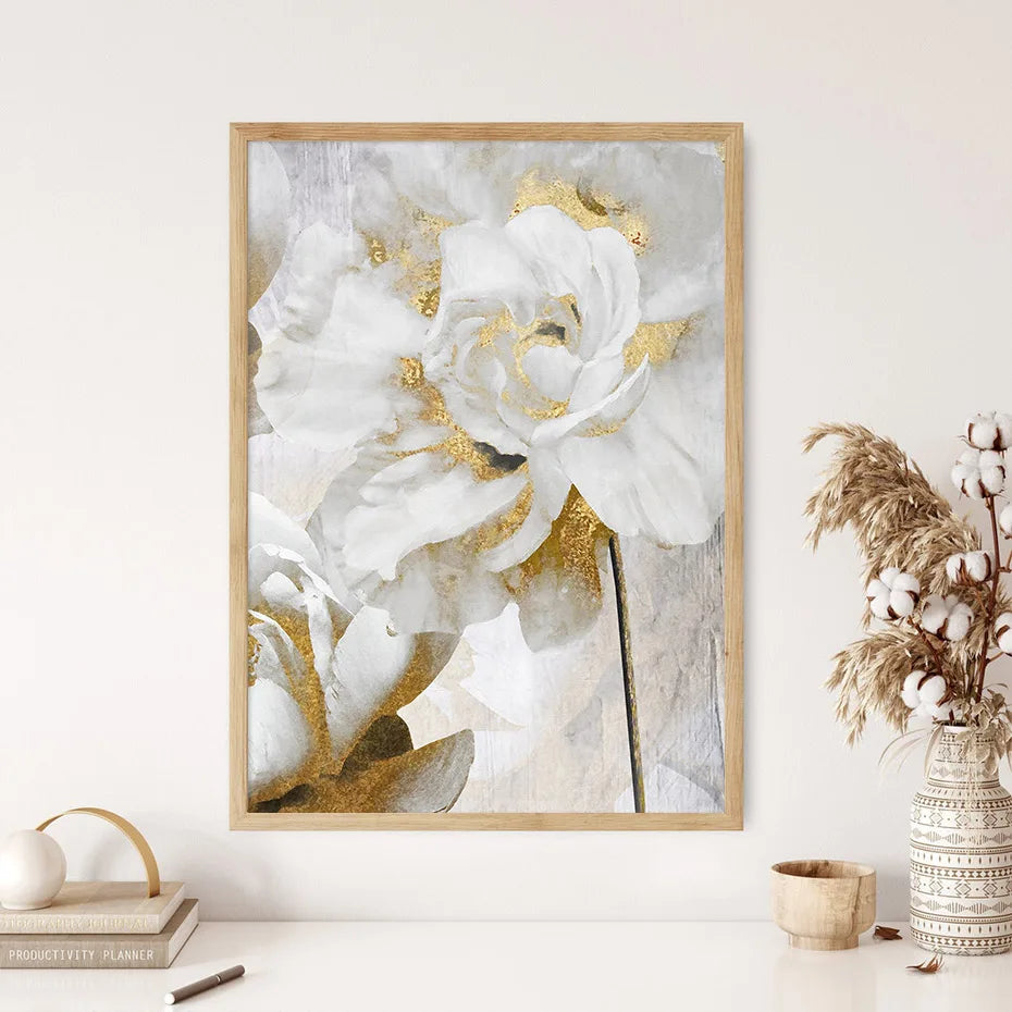 Abstract Gold White Blooming Floral Wall Canvas